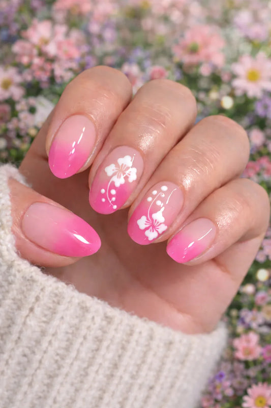 Kit Press-on Nails Rose Dégradé Fleurs Blanches