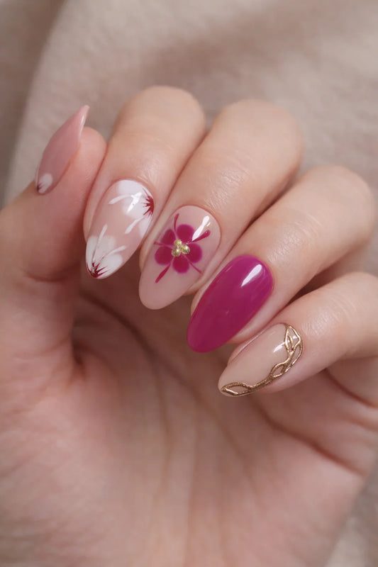 Kit Press-on Nails Fleurs Fuchsia et Or