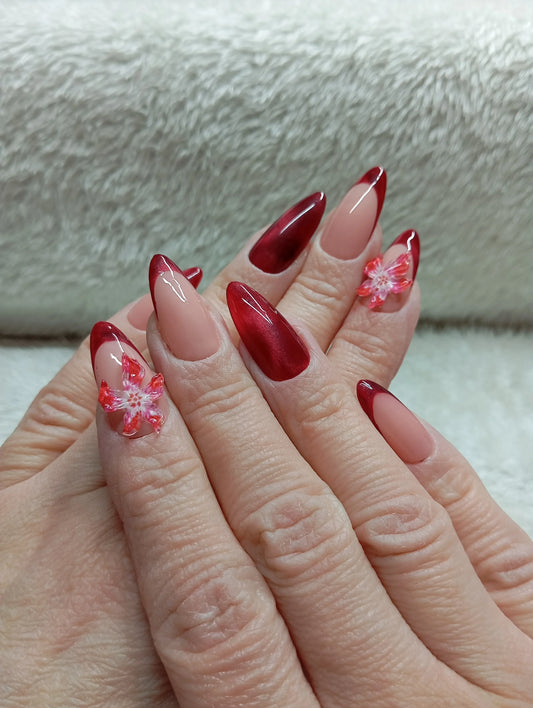 Kit Press-on Nails Rouge Bordeaux Papillons Roses
